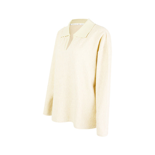 Aria Leisure Lapel Collar Long Sleeve Tee Pale Yellow