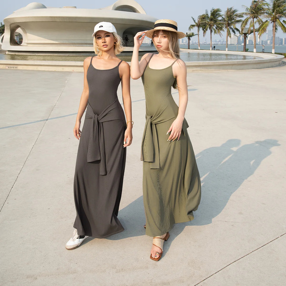 Aria Leisure Women's Summer Slim-Fit Long Dress with Faux-Layered Camisole Design