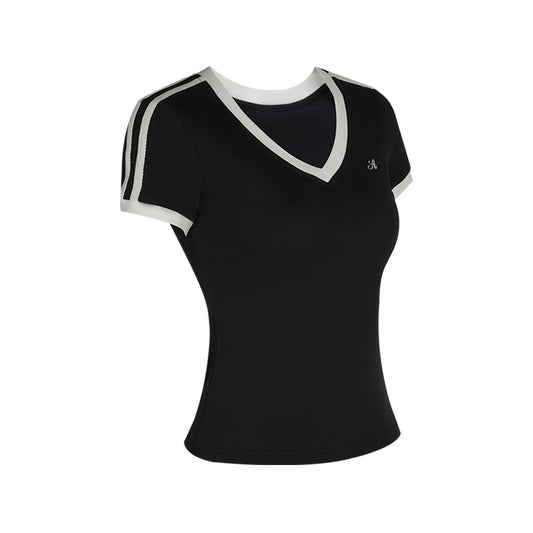 Aria Leisure Women's V-Neck Slim-Fit Breathable Cropped T-Shirt – Versatile Short-Sleeve Athleisure Top Black