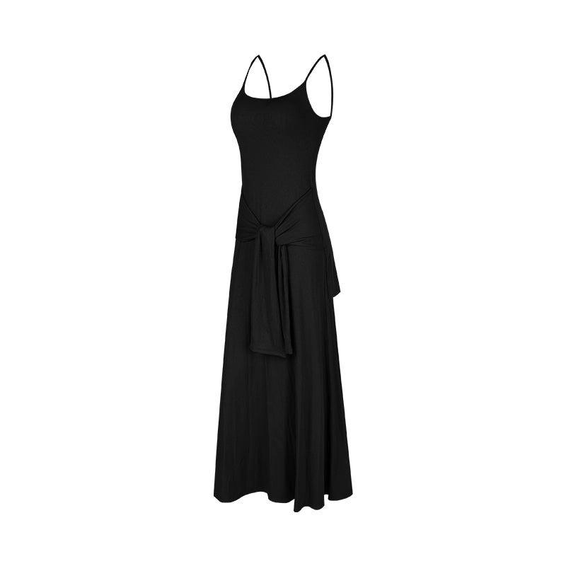 Aria Leisure Women's Summer Slim-Fit Long Dress with Faux-Layered Camisole Design Black